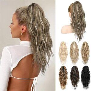 18" Wavy Claw Clip Ponytail Extensions Ash Brown with white Blonde